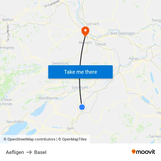 Aefligen to Basel map