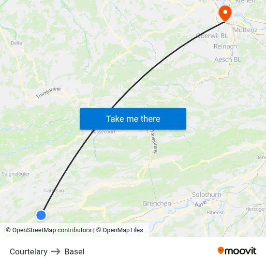 Courtelary to Basel map