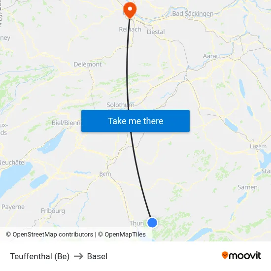 Teuffenthal (Be) to Basel map