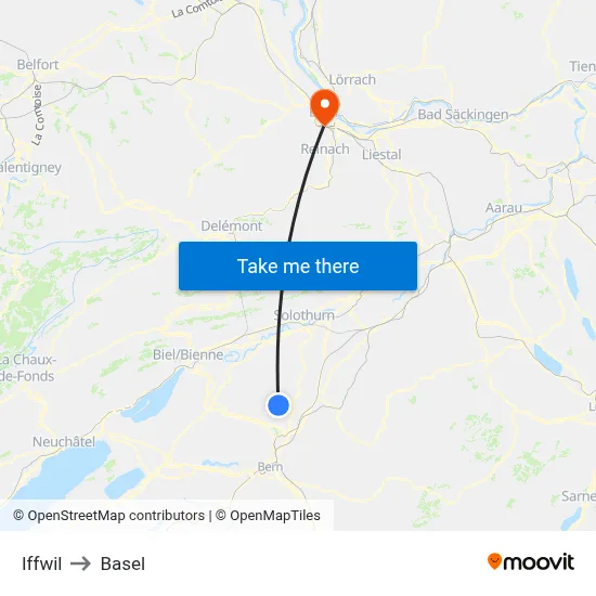 Iffwil to Basel map