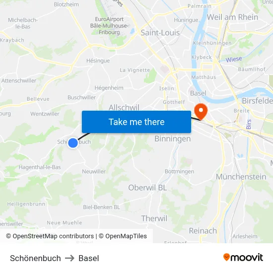 Schönenbuch to Basel map