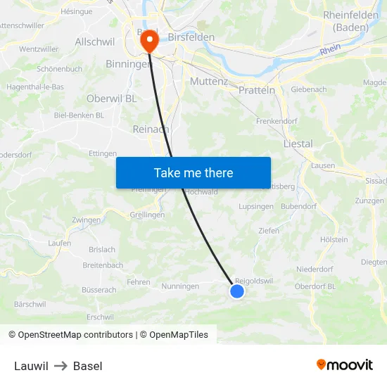 Lauwil to Basel map