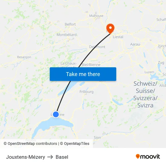 Jouxtens-Mézery to Basel map