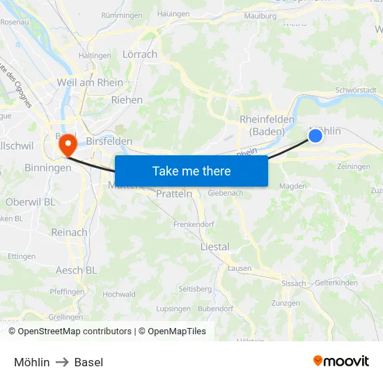 Möhlin to Basel map