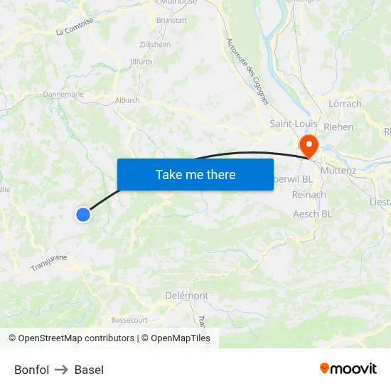 Bonfol to Basel map