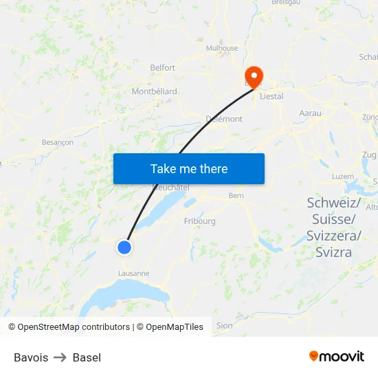 Bavois to Basel map