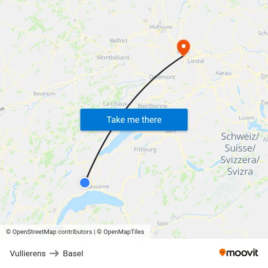 Vullierens to Basel map