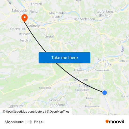Moosleerau to Basel map