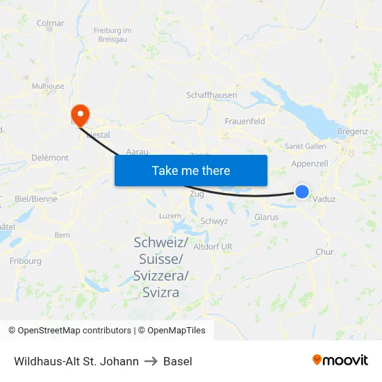 Wildhaus-Alt St. Johann to Basel map
