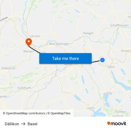 Dällikon to Basel map