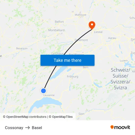 Cossonay to Basel map