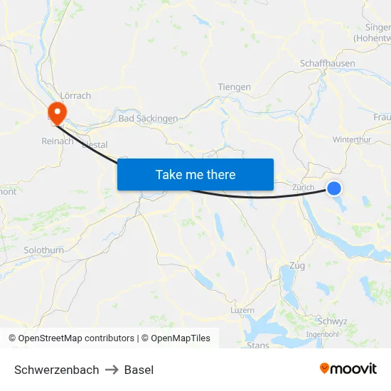 Schwerzenbach to Basel map