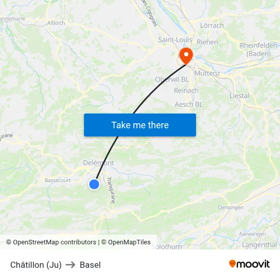 Châtillon (Ju) to Basel map