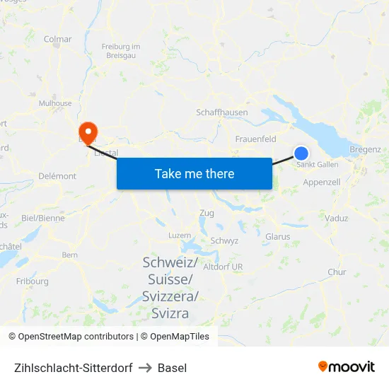 Zihlschlacht-Sitterdorf to Basel map