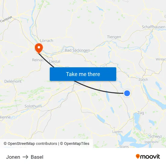 Jonen to Basel map
