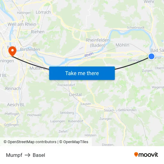 Mumpf to Basel map