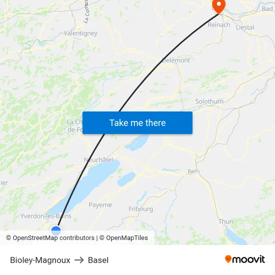 Bioley-Magnoux to Basel map