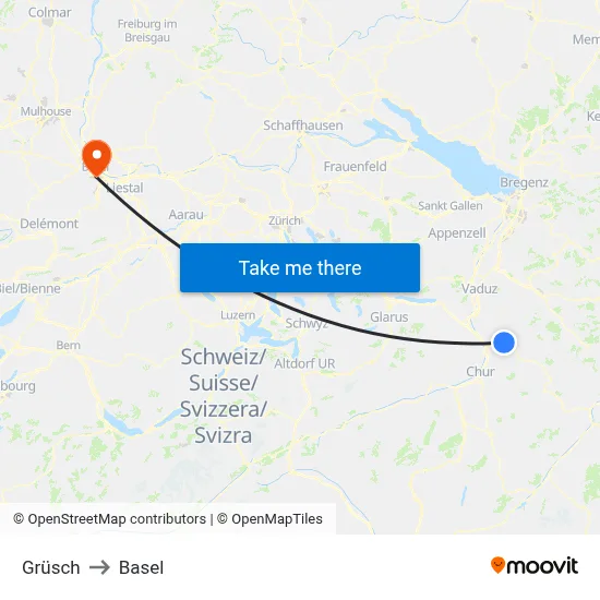 Grüsch to Basel map