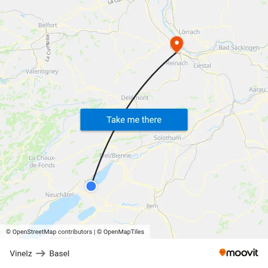 Vinelz to Basel map