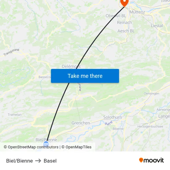 Biel/Bienne to Basel map