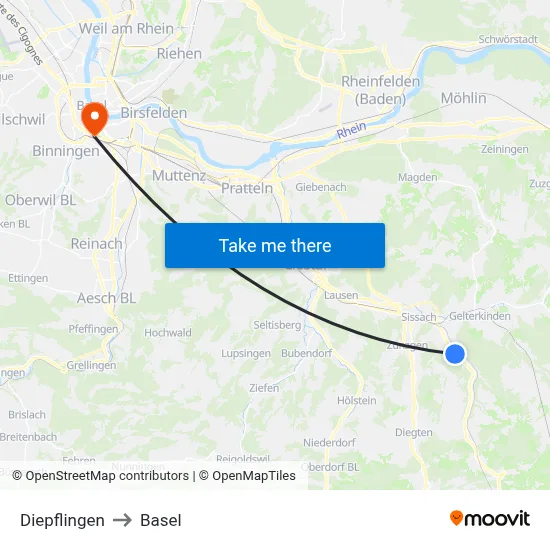 Diepflingen to Basel map