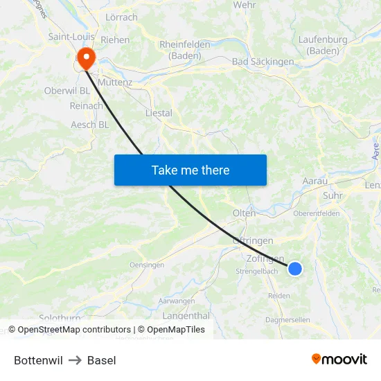 Bottenwil to Basel map