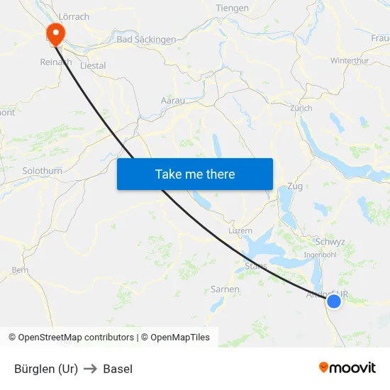 Bürglen (Ur) to Basel map