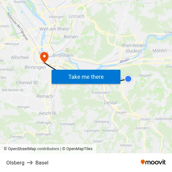 Olsberg to Basel map