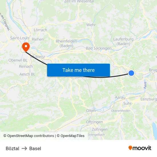 Böztal to Basel map