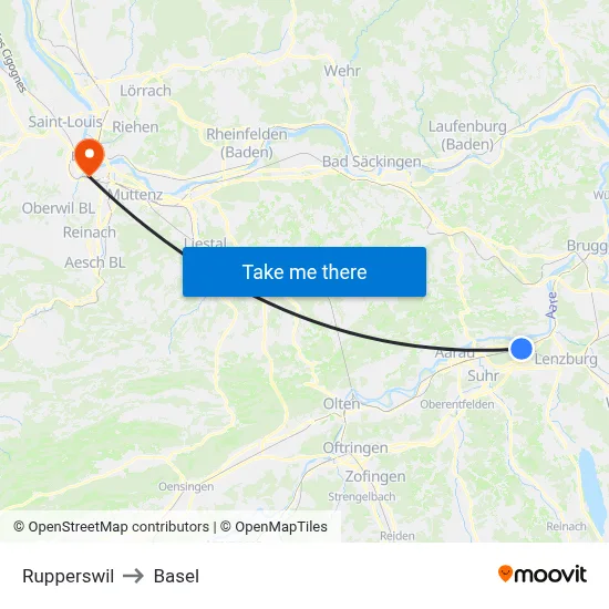 Rupperswil to Basel map
