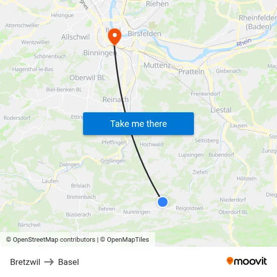 Bretzwil to Basel map
