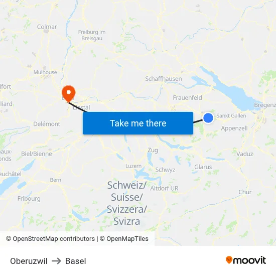 Oberuzwil to Basel map