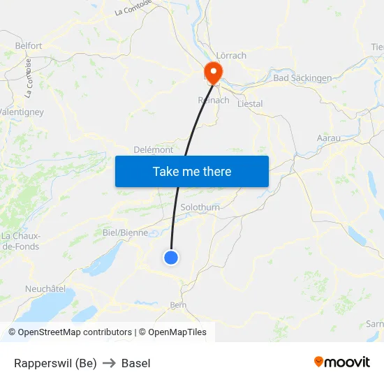 Rapperswil (Be) to Basel map