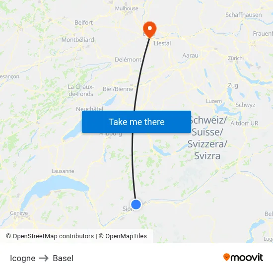Icogne to Basel map