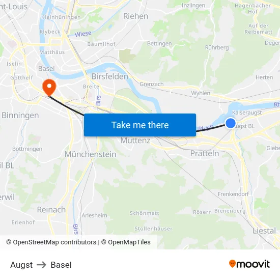Augst to Basel map