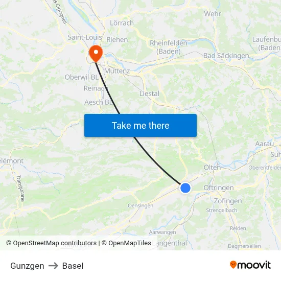 Gunzgen to Basel map