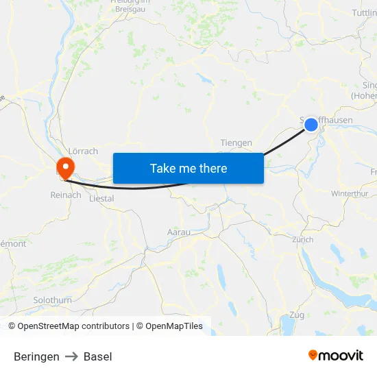 Beringen to Basel map