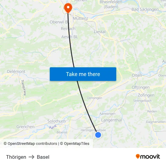 Thörigen to Basel map