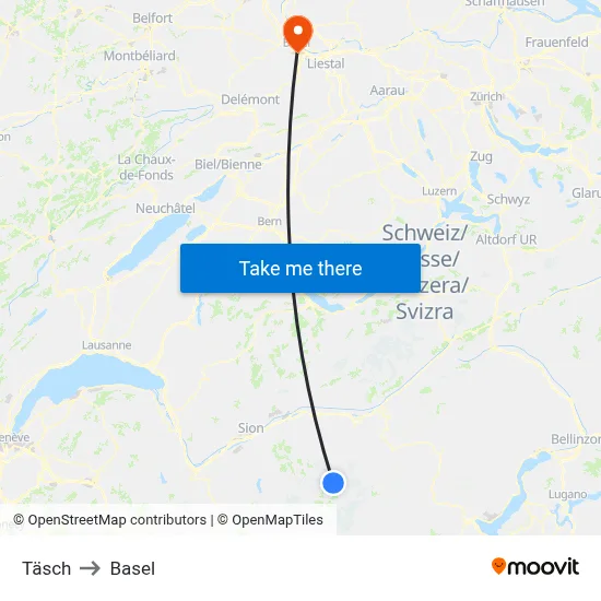 Täsch to Basel map