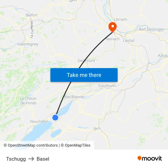 Tschugg to Basel map