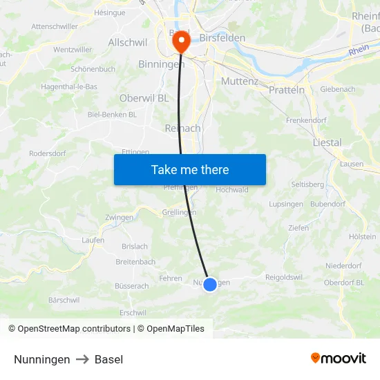 Nunningen to Basel map