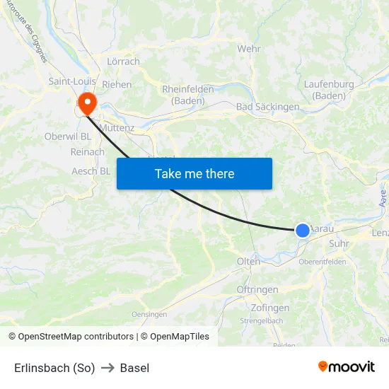 Erlinsbach (So) to Basel map