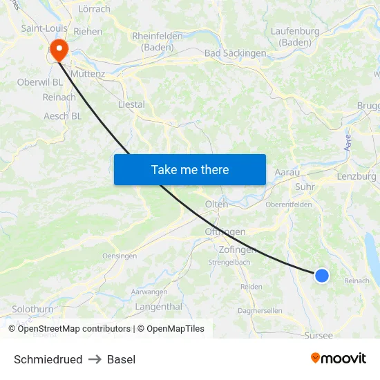 Schmiedrued to Basel map