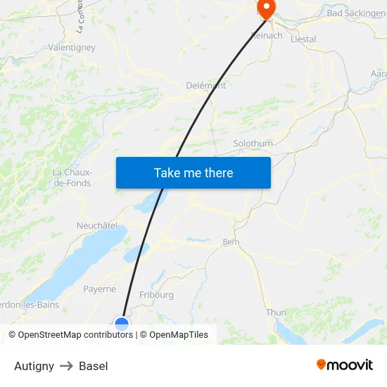 Autigny to Basel map