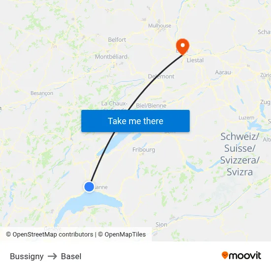 Bussigny to Basel map