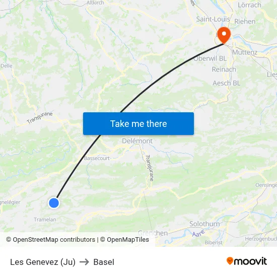 Les Genevez (Ju) to Basel map
