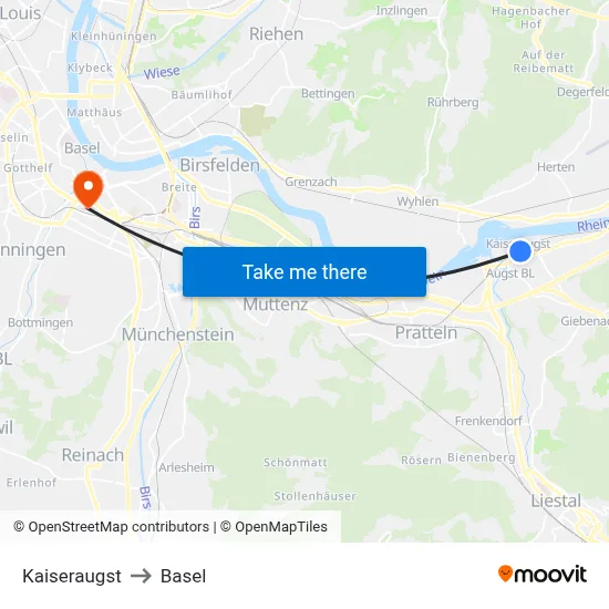 Kaiseraugst to Basel map