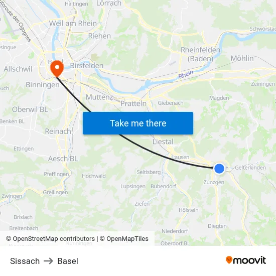 Sissach to Basel map