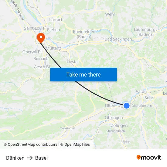 Däniken to Basel map