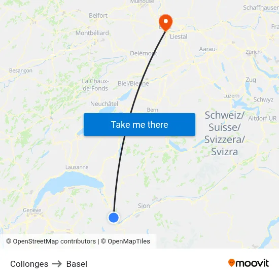 Collonges to Basel map